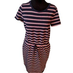 Tommy Hilfiger Red White Blue Striped Pockets Knit Short Sleeve Dress EUC M